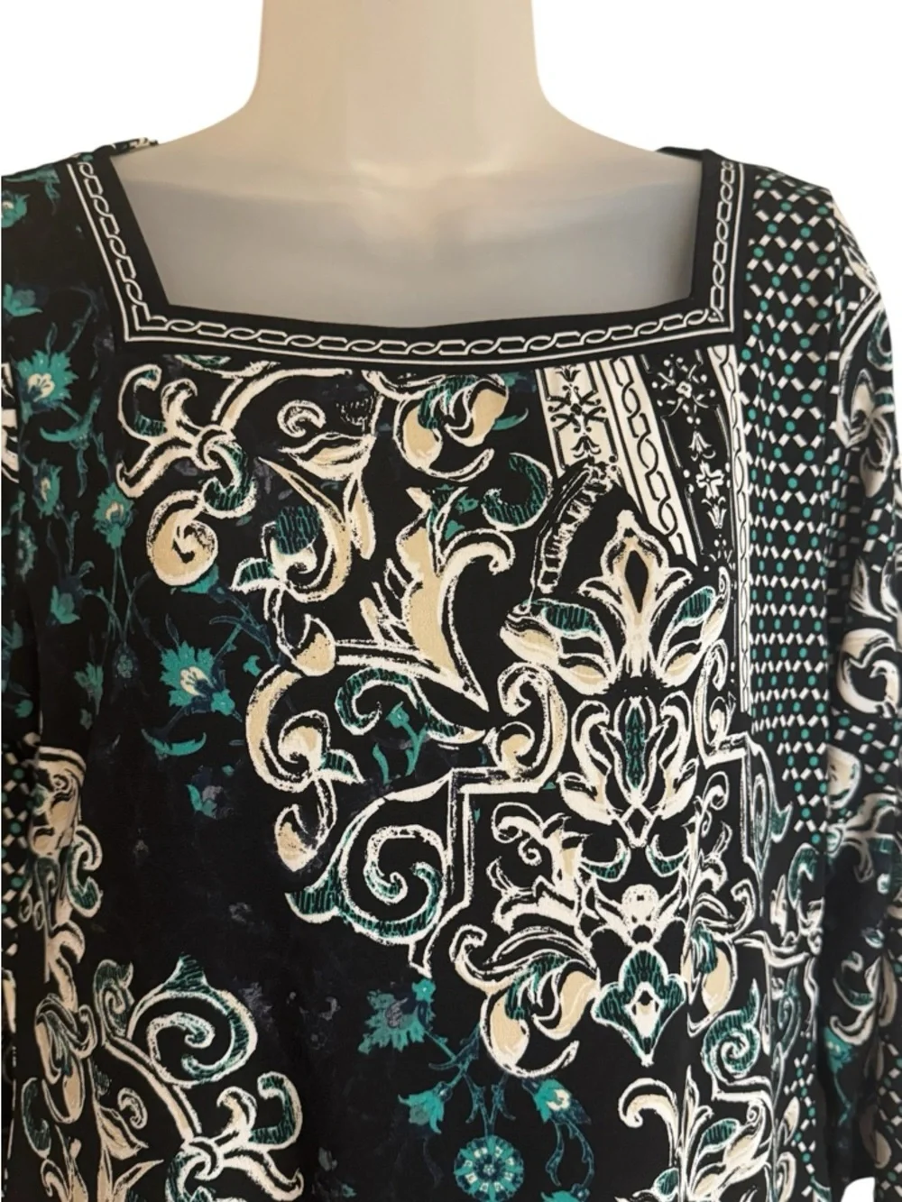 White House Black Market Black & Teal Baroque Print Mini Dress MEDIUM    #CL - Picture 4 of 8